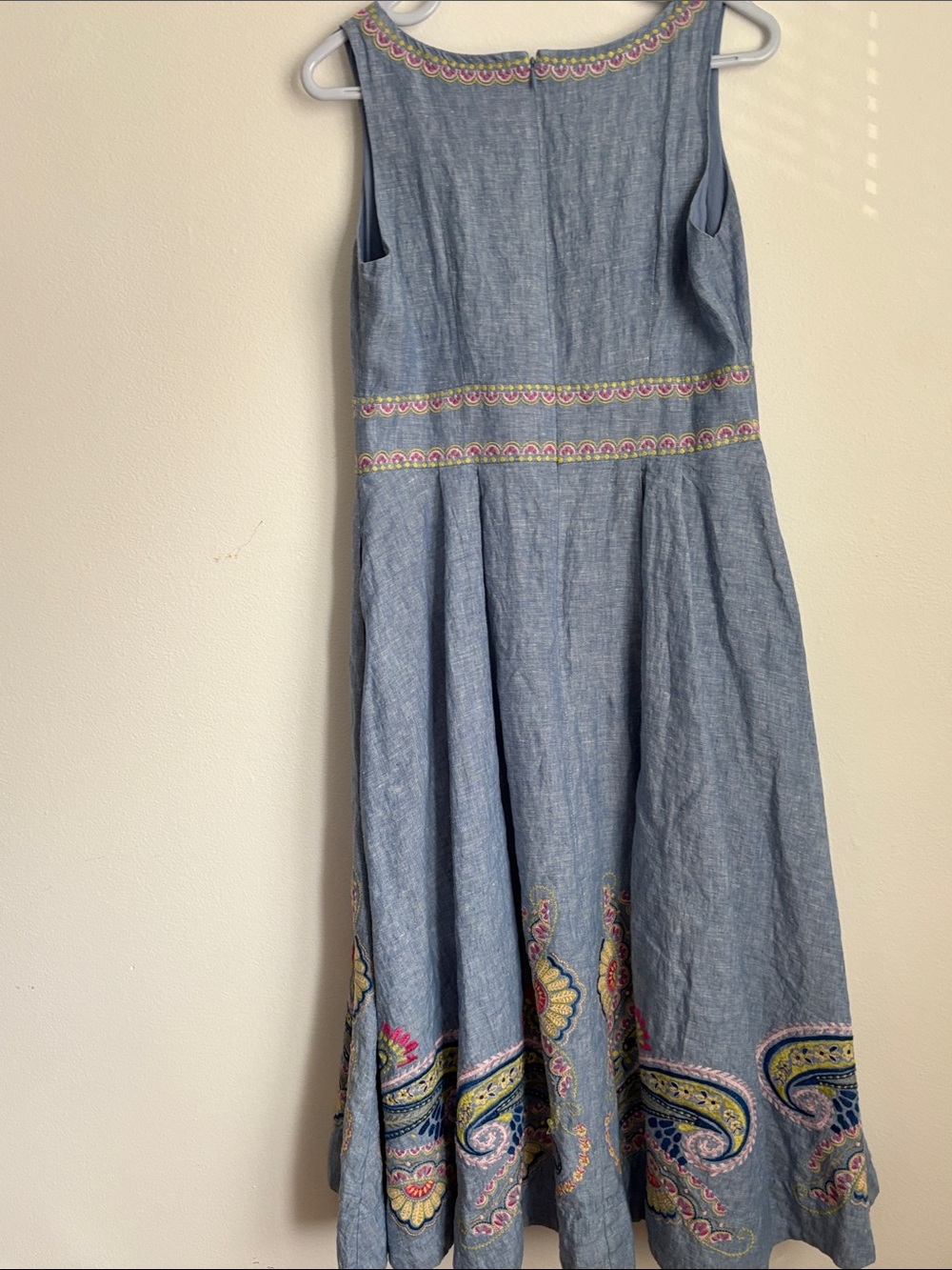 Boden Blue Linen Delicately Embroidered Sleeveless Maxi Dress 8R Cotton Lined - Picture 6 of 9